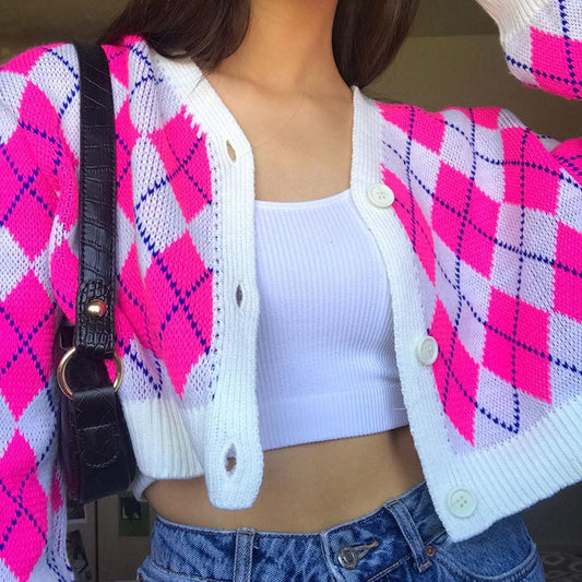 Single-breasted Crop Diamond Lattice Knitting Cardigan