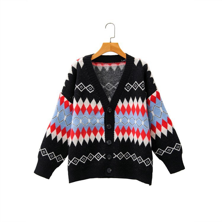 Argyle Pattern Geometry Single-breasted V-neck Sweater Outerwear Cardigan