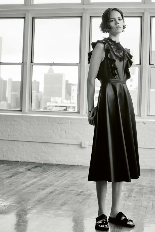 Leather Ruffled Lace Splicing Midi Dresses