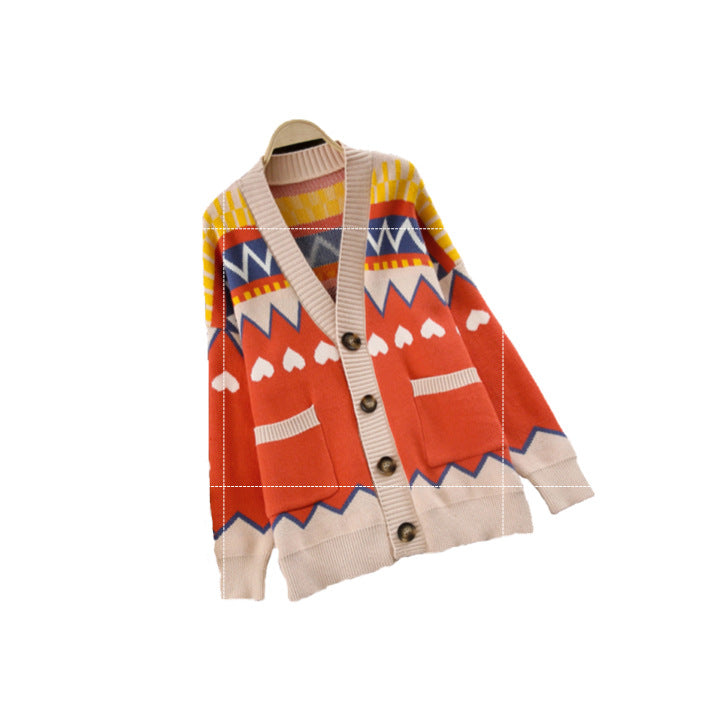 Argyle Pattern Geometry Contrast Color Cardigan Knit Sweater Outerwear