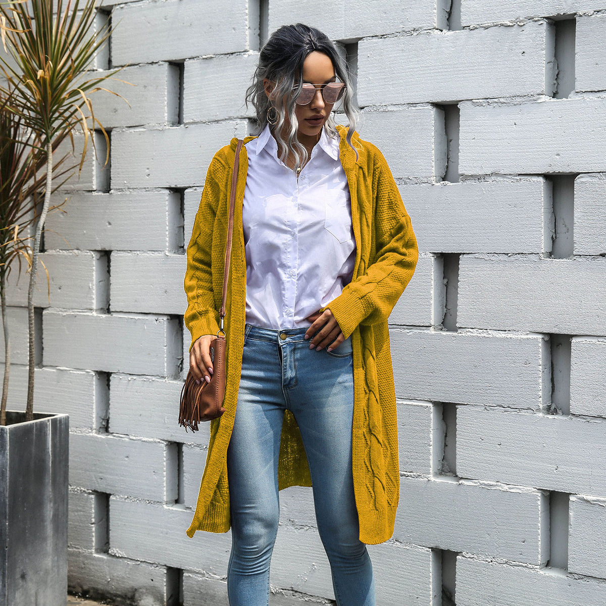 Knit V-neck Argyle Pattern Hooded Cardigans