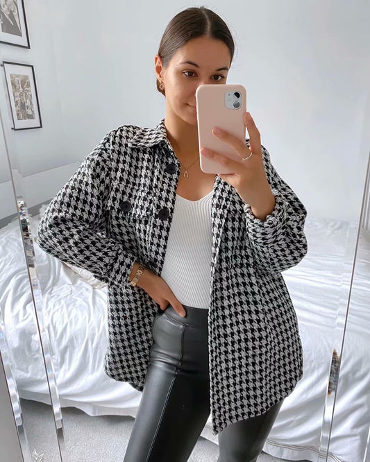 Single-breasted Mid-length Houndstooth Coat Outerwear