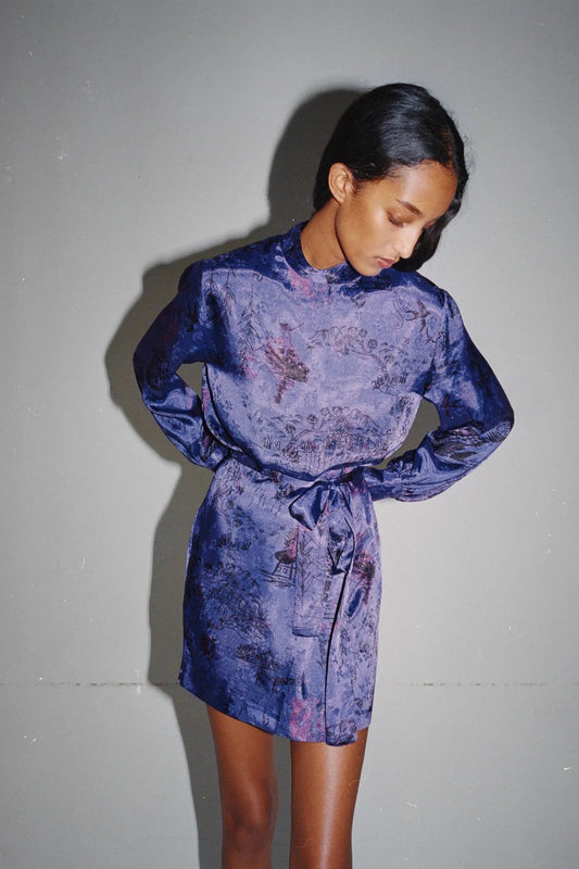 High-collared Lace-up Floral Mini Dresses