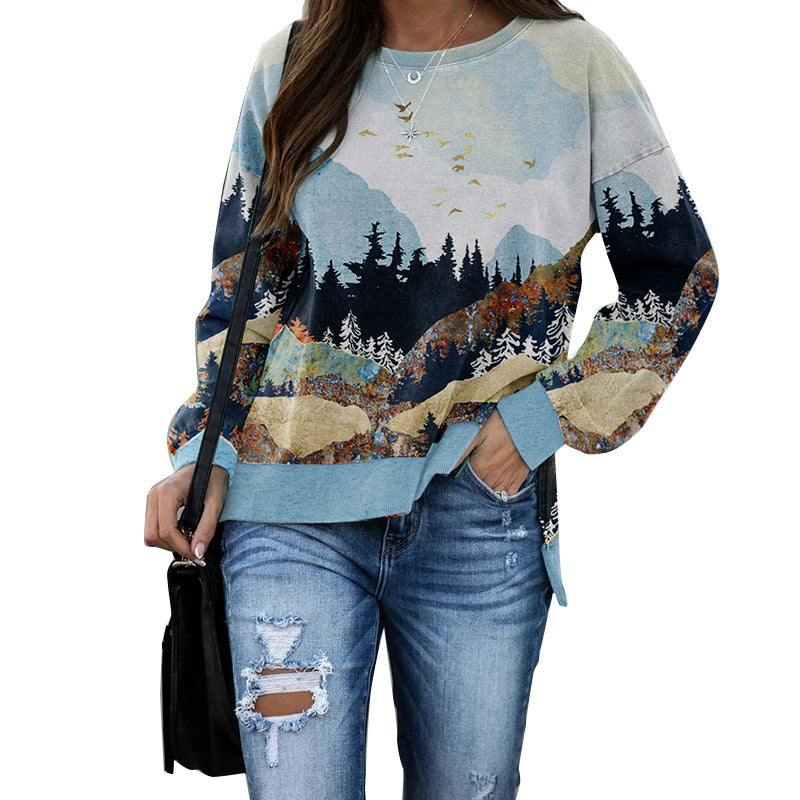 Round Neck Floral Printed T-Shirts Blouses Sweatshirts