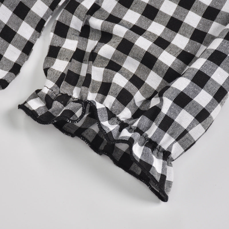 V-neck Ruffled Collar Plaid Blouse Shirts