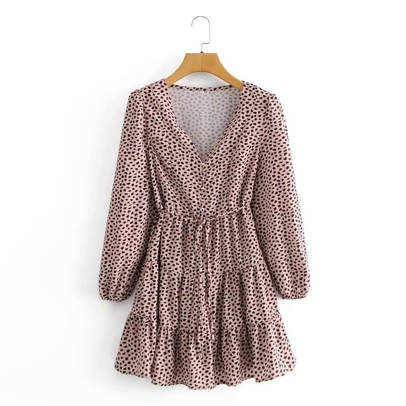 V-neck Lace-up Shirred Frill Polka Dot Floral Mini Dresses