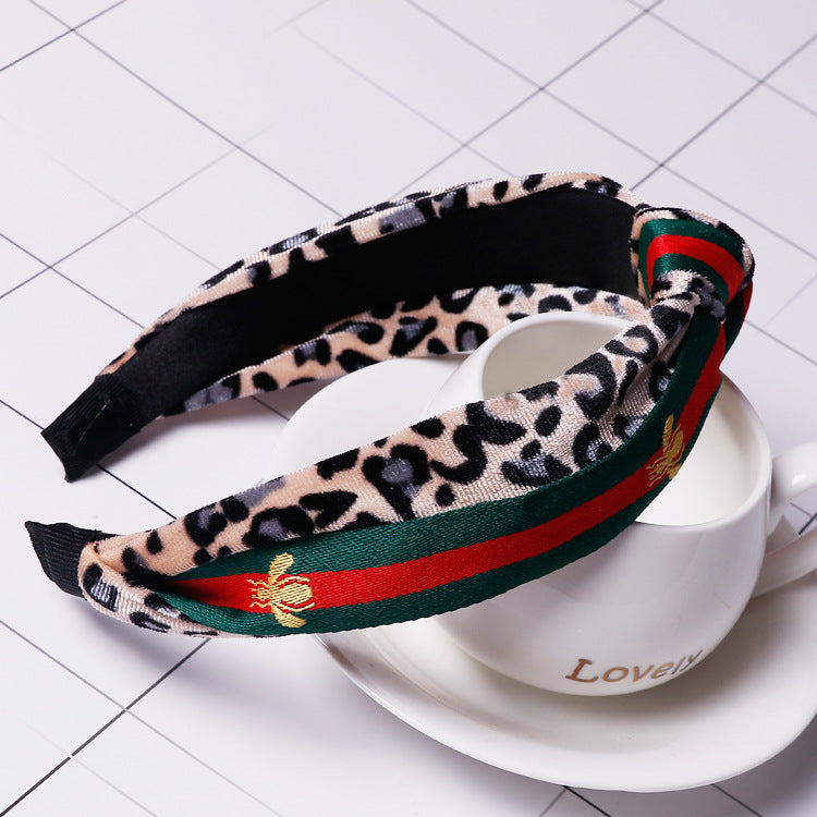 Leopard Knot Headbands with Stripe, Cross Knot Bee Embroidery Ribbon Hair Hoops with Cloth Wrapped
