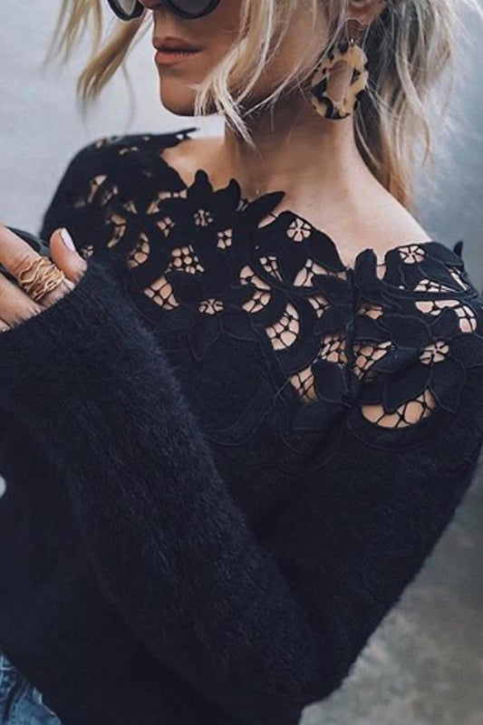 Asymmetric Neck Decorative Lace Plain Sweaters