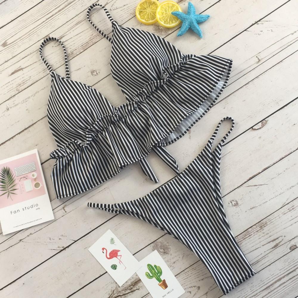 Sweet Striped Printed Flouncing Swimwear