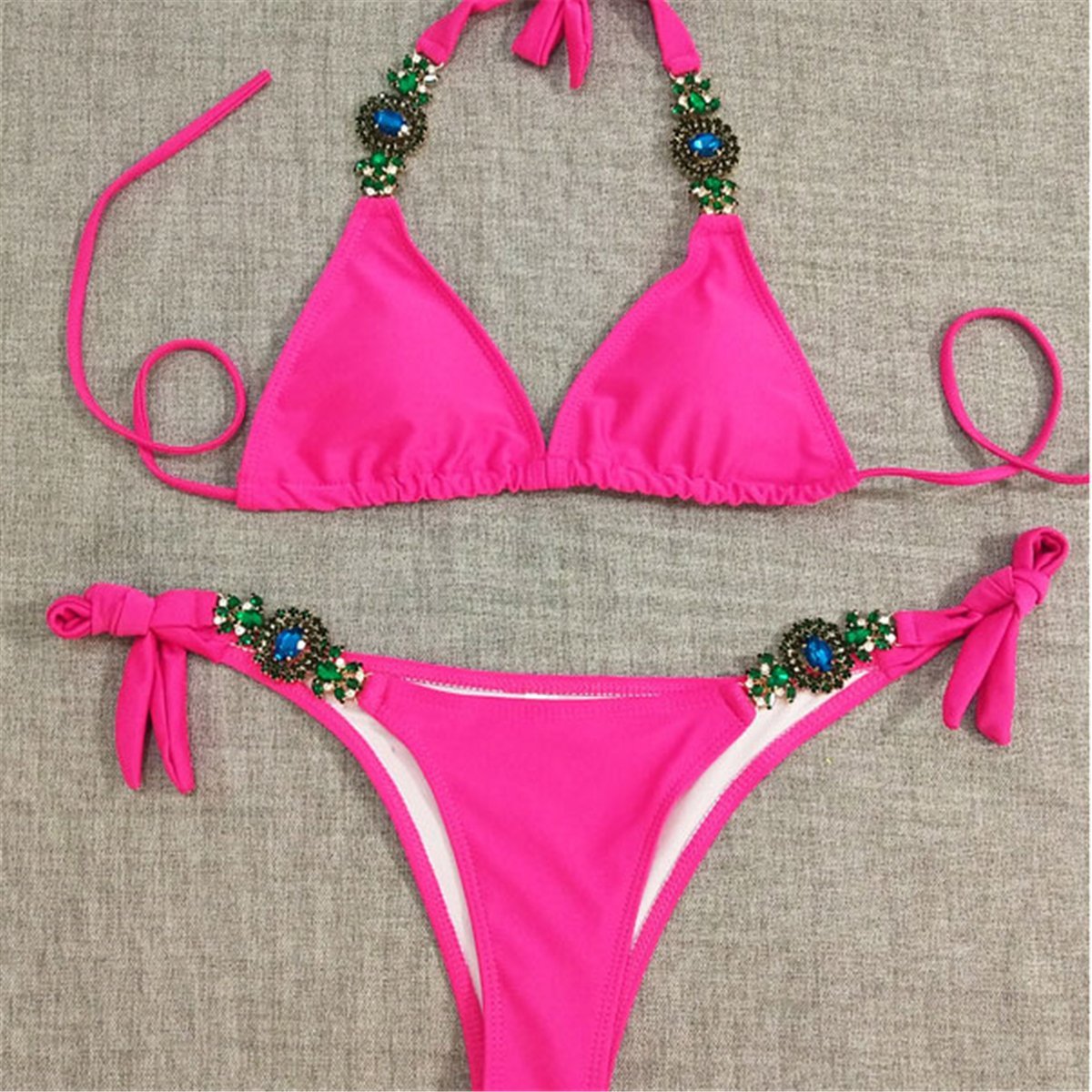 Sexy Plain Triangle Faux Jewelry Embellished Bikini