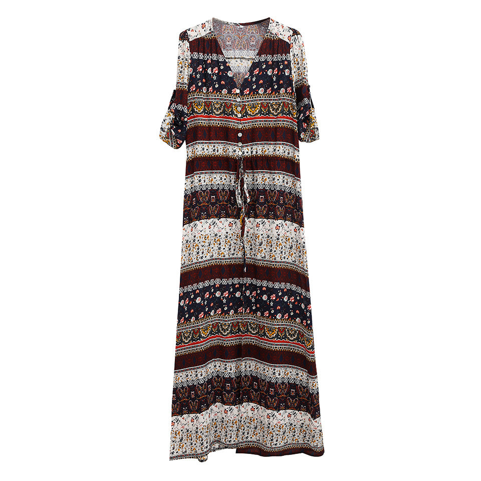 Bohemian Print Dress Beach Skirt V-neck 1/2 Sleeves Plus Size Boho Floral Dresses