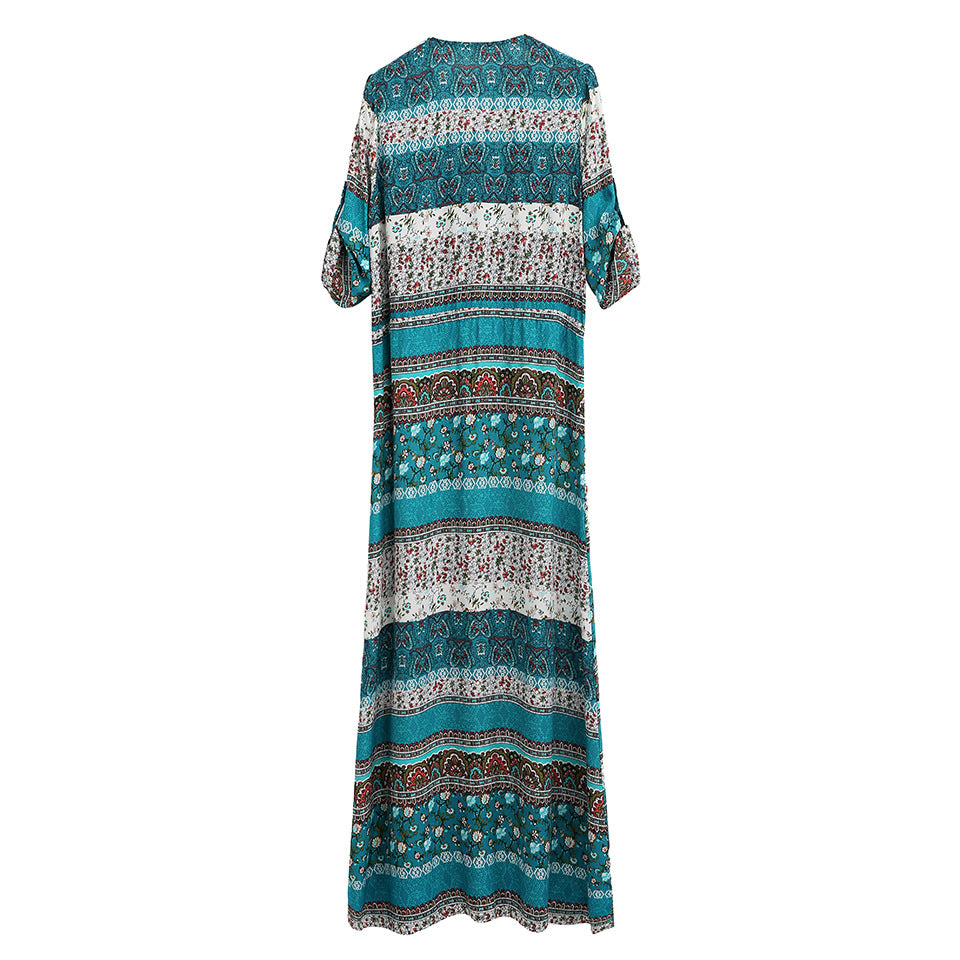 Bohemian Print Dress Beach Skirt V-neck 1/2 Sleeves Plus Size Boho Floral Dresses