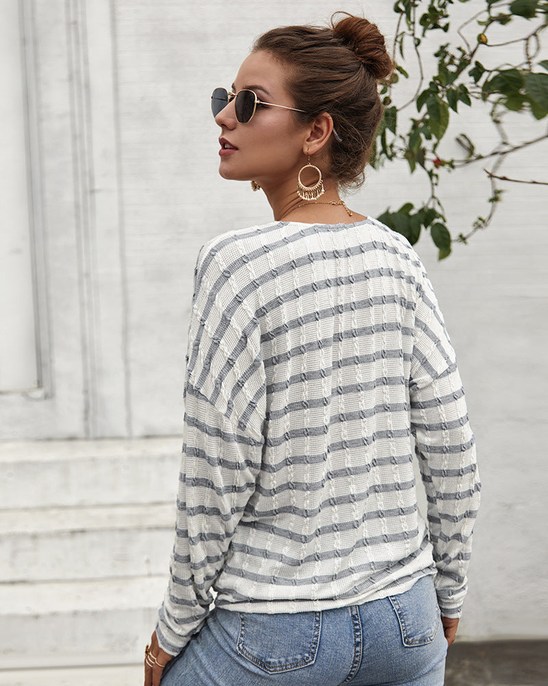 Women V-Collar Single Breasted Stripe Long Sleeve Sweater Cardigan Shirt