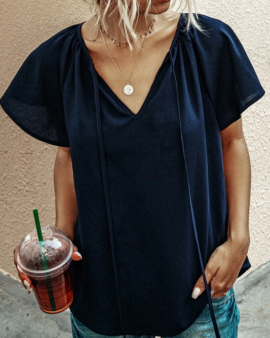 Ruffled Sleeves Lace-up V-neck Blouses T-shirt