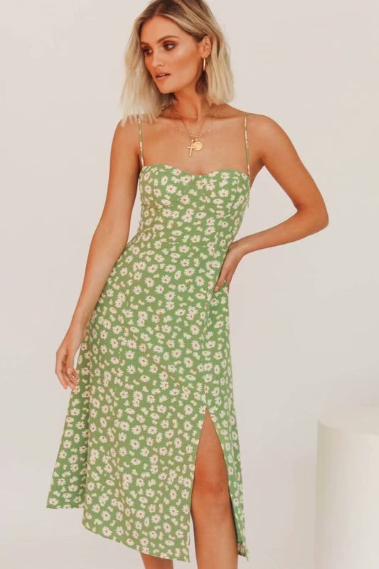 Sexy Suspenders Split Floral Daisy Midi Dresses
