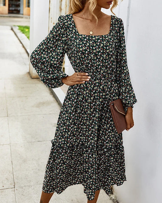 Elegant Retro Square Collar Floral Midi Dresses