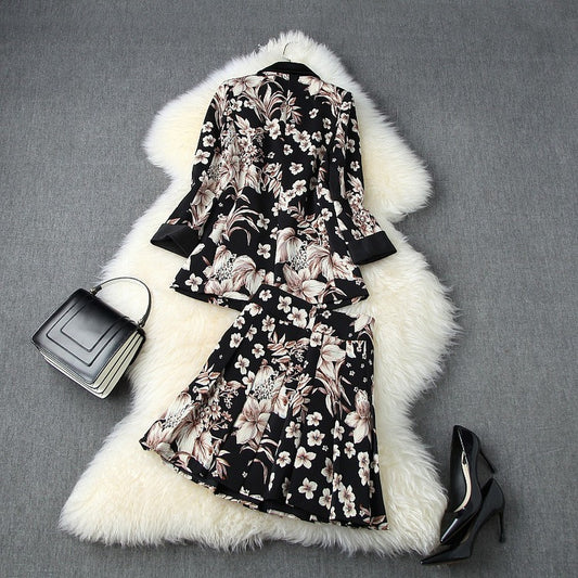 Elegant Printing Single Button Elastic Waist Suit Mini Pleated Skirt Two-piece Set