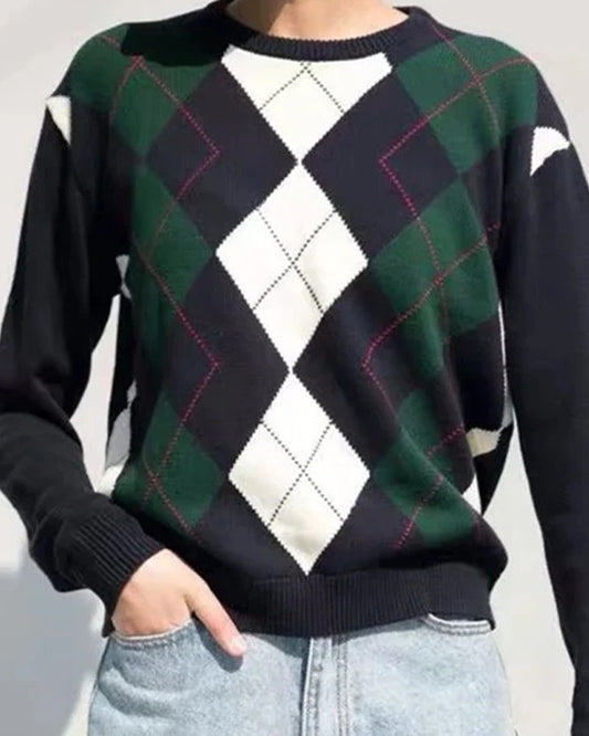 Diamond Lattice Contrast Knitting Sweater