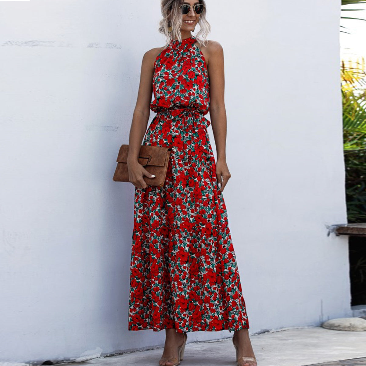Floral Red Bohemian Boho Printed Hanging Neck Straps Maxi Dresses