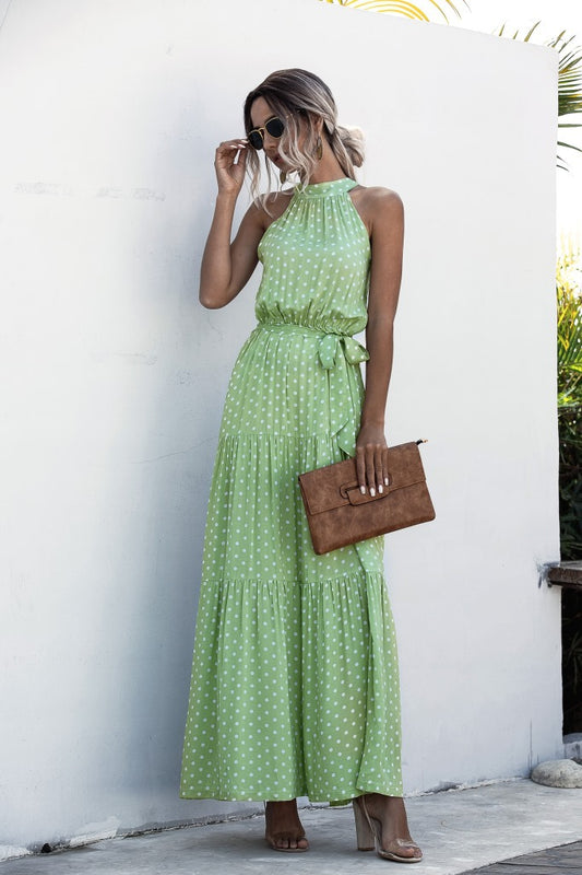 Green Wave Bohemian Boho Printed Hanging Neck Straps Maxi Dresses