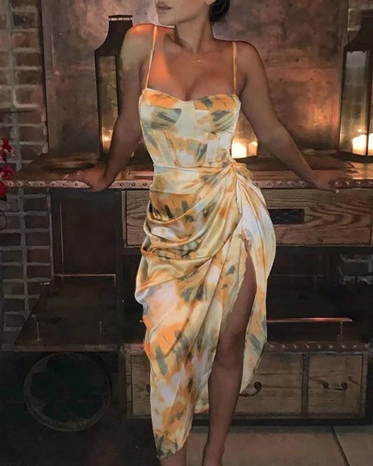 Tie Dye Vintage Irregular Hem Floral Bodycon Party Midi Dresses