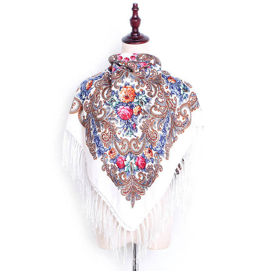 Ethnic Retro Flower Square Scarf Shawl Fringed Scarves for Women Ladies Girls