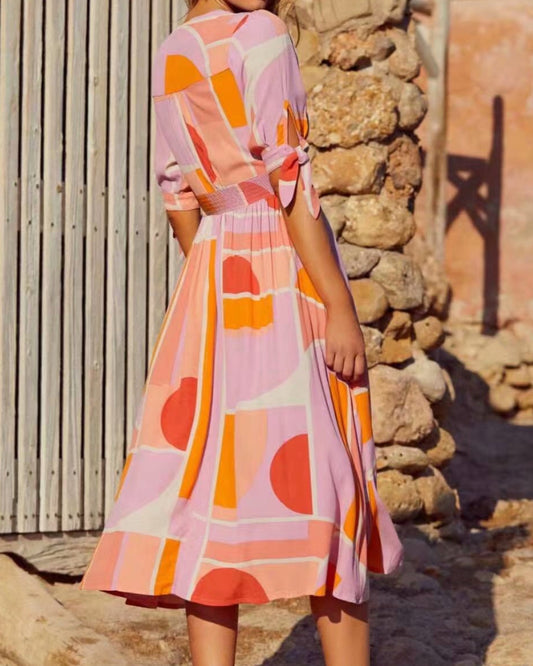 V-neck Single-breasted Floral Elastic Waist Midi Dresses