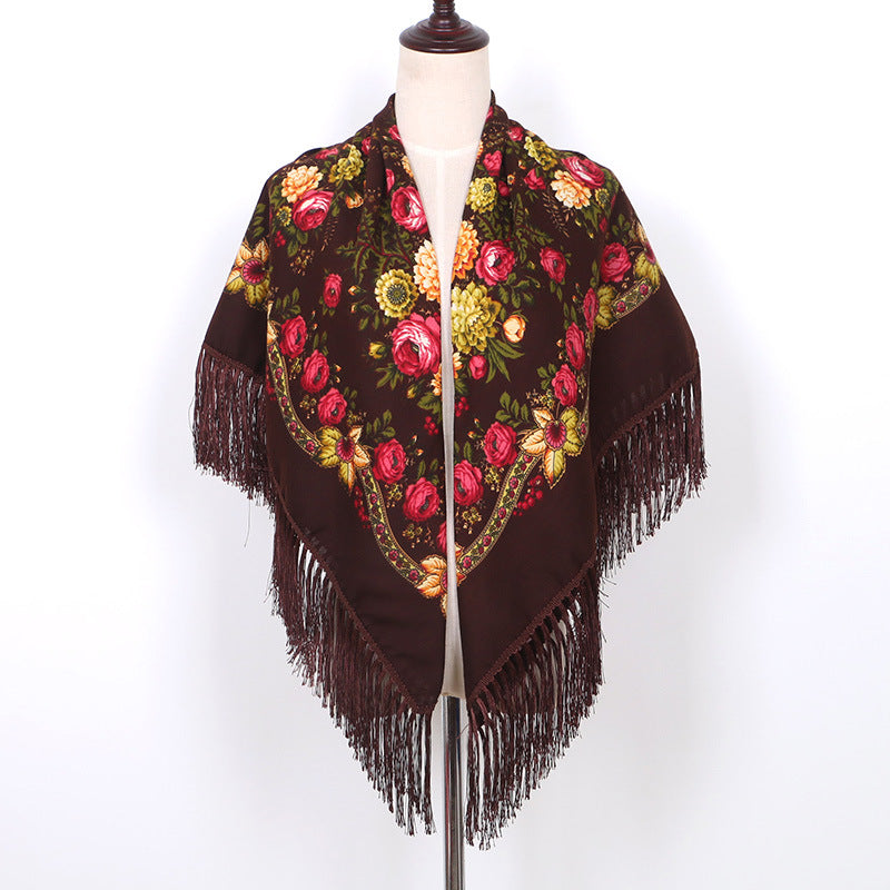Ethnic Flower Print Square Scarf Shawl Wrap Fringed Scarves for Women Ladies Girls