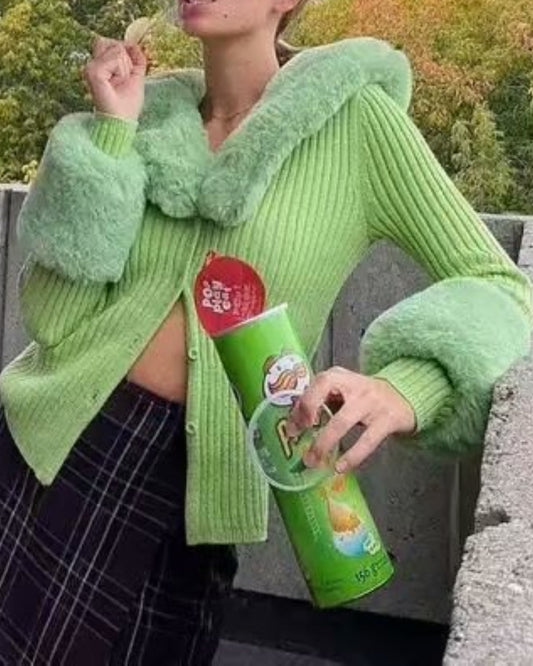 Fur Collar Sleeve Single-breasted Vintage Stripe Cardigan