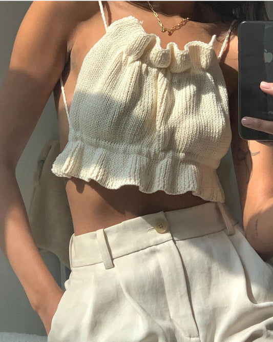 Backless Lace-up Knit Sweaters Ruffle Camis Tank Crop Tops