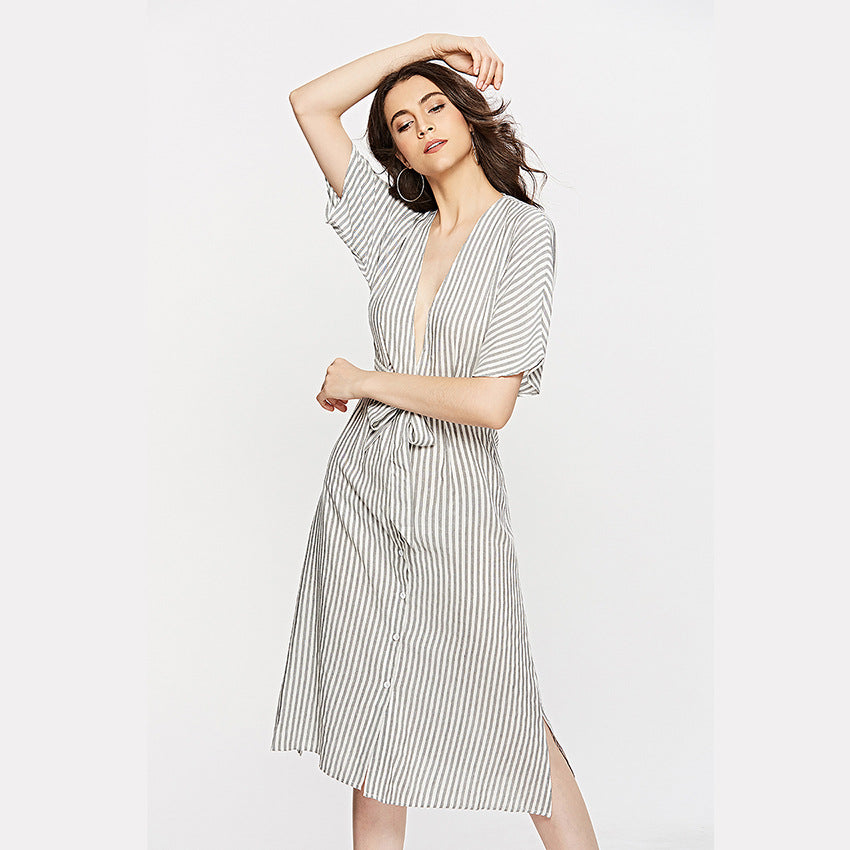 Deep V Striped Backless Seaside Vacation Maxi Dresses