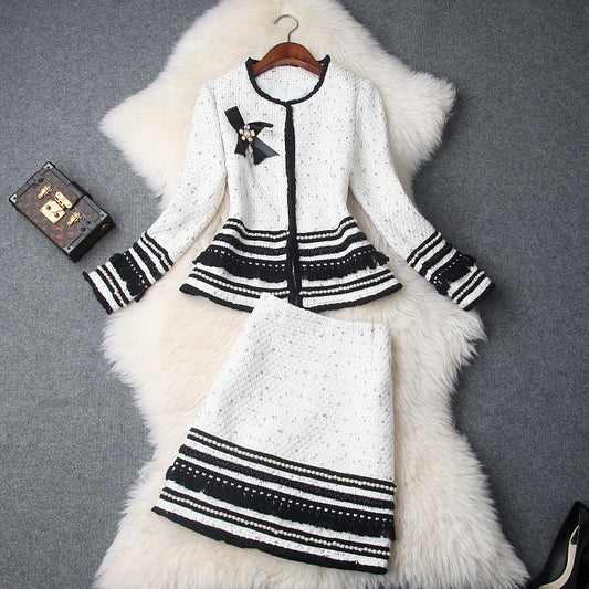 Single-breasted Beading Elastic Waist Tassel Tweed Blazers Mini A-line Skirt Suit Two-piece Set Black