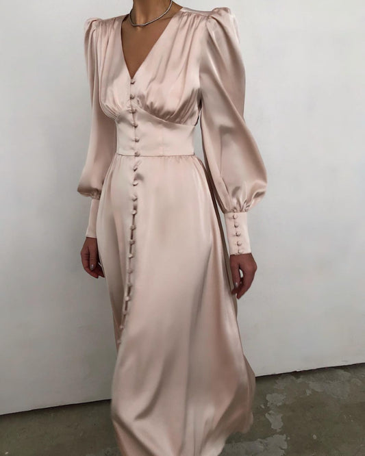 Lantern Bubble Sleeve Satin Midi Dresses