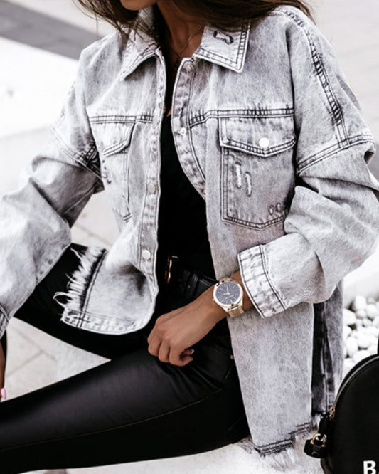 Single-breasted Pile Collar Denim Tassel Hem Outerwear Cardigans