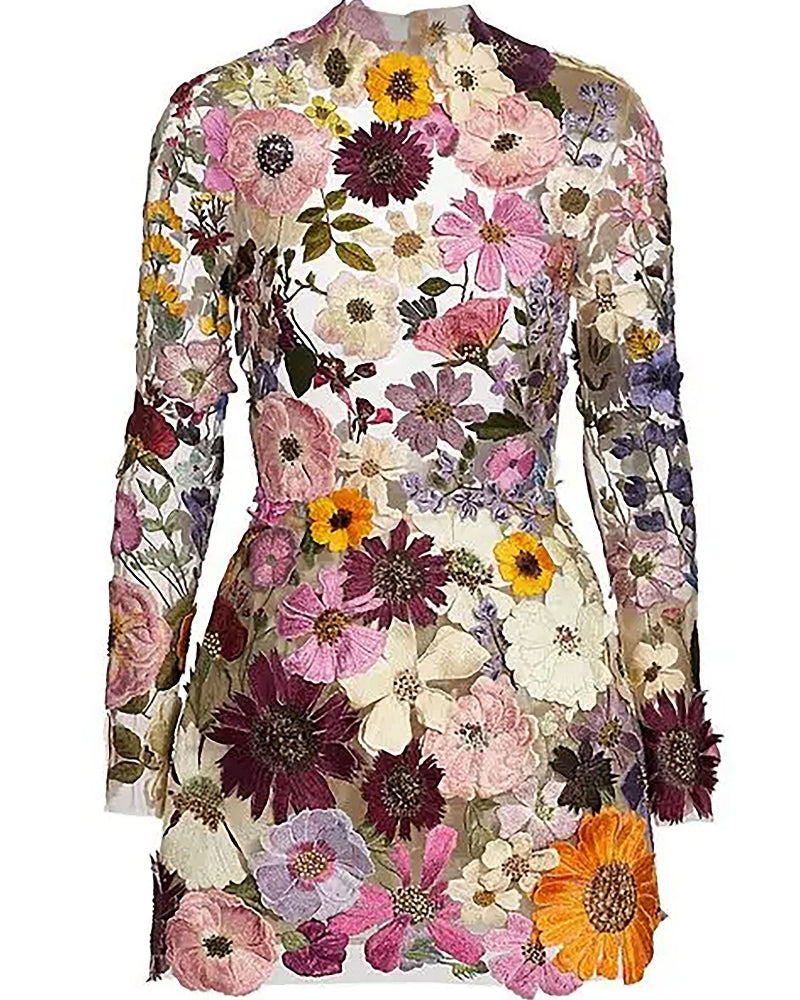 Backless High Neckline Floral Embroidered Bodycon Mini Dresses