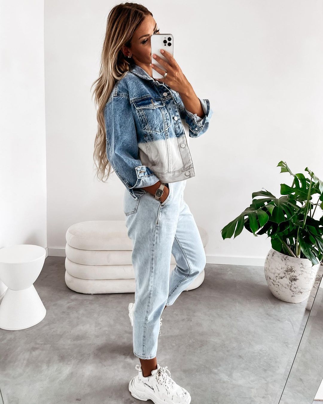 Single-breasted Pile Collar Denim Color Gradient Outerwear Cardigans