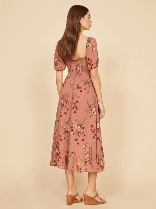 Backless Square Collar Elastic Waist Floral Midi Dresses