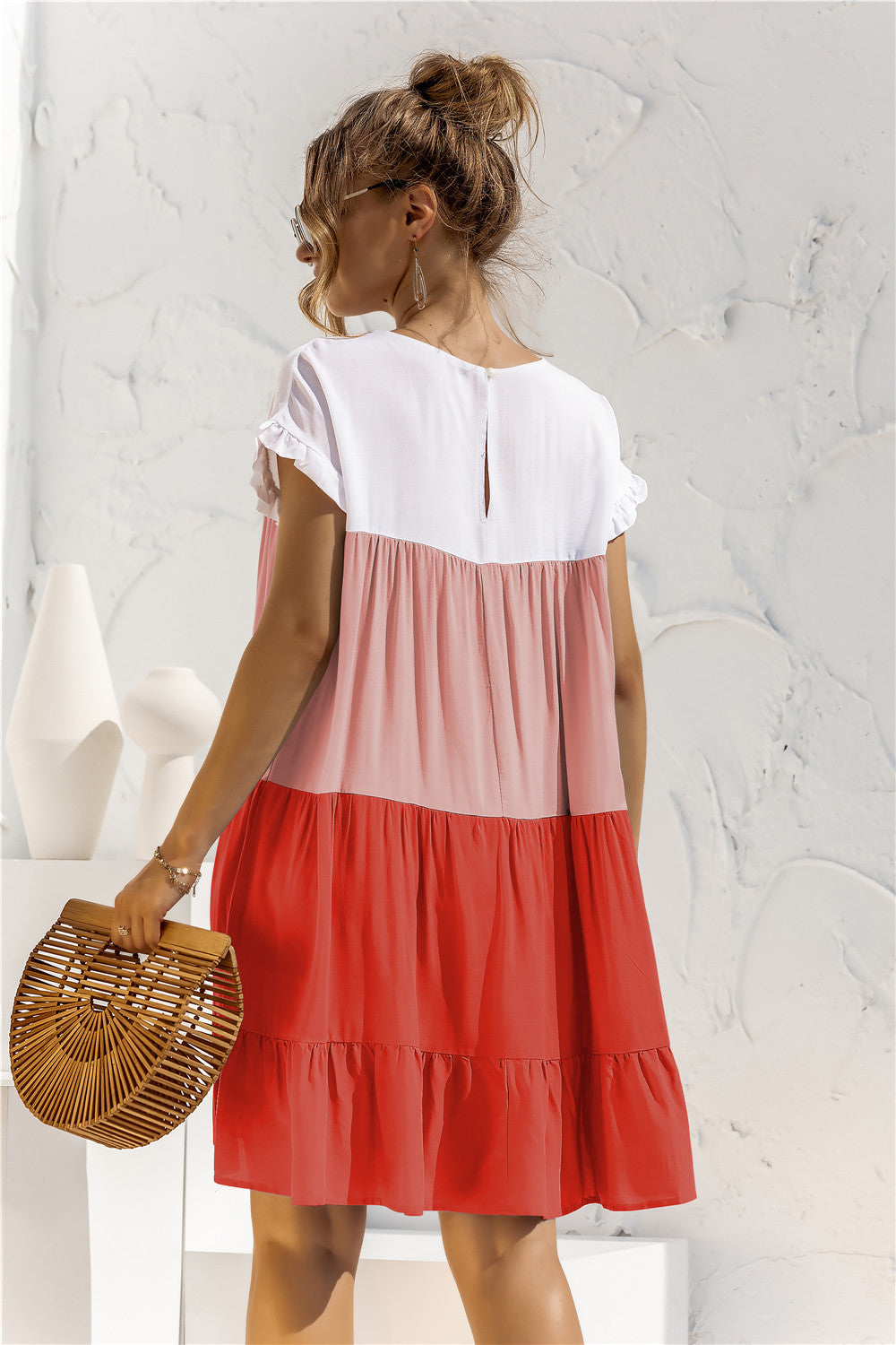 Round Neck Ruffled Hem Vacation Mini Dresses