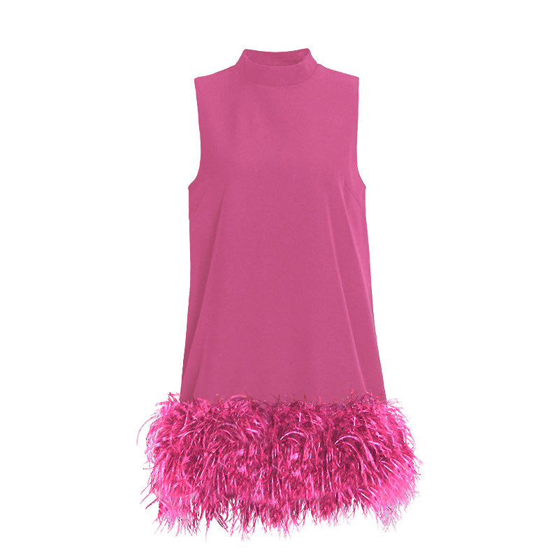 High Collar Tassel Feather Party Mini Dresses