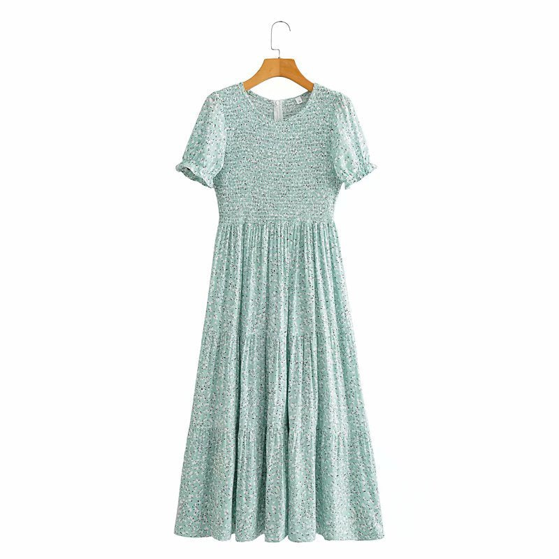 Floral Puff Sleeve Round Neck Shirred Frill Midi Dresses