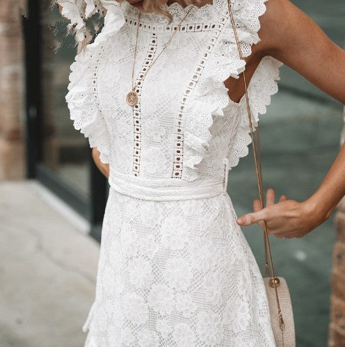 White Embroidered Lace Flower Seeveless Bodycon Mini Dresses
