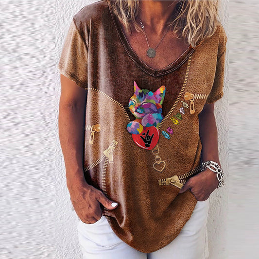 Round Neck Animal Printed T-Shirts Shirts Blouses