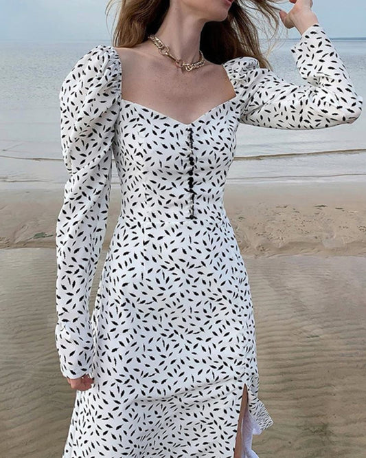 Puff Sleeve Square Collar Floral Vintage Midi Dresses