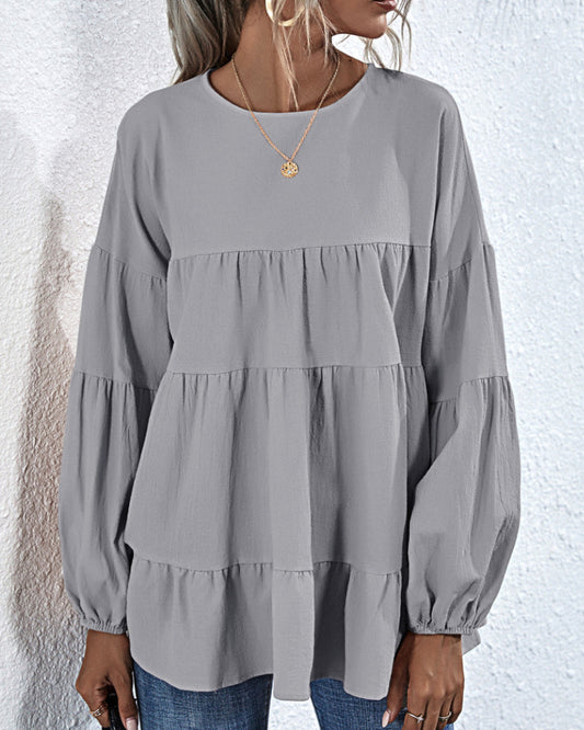 Round Neck Lantern Elastic Bubble Sleeve Blouses