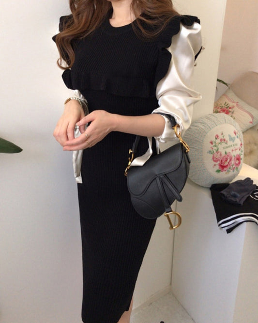 Ruffled Knit Splicing Lacing Sweater Midi Dresses