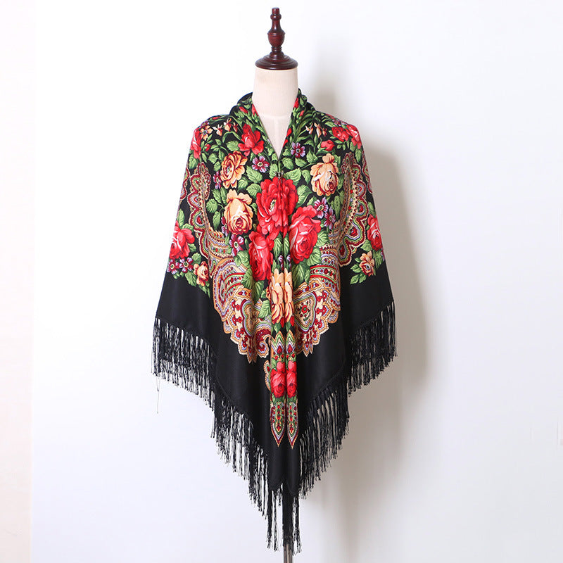 Ethnic Flower Print Square Scarf Shawl Fringed Scarves for Women Ladies Girls