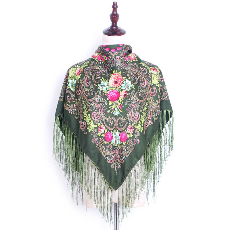 Ethnic Retro Flower Square Scarf Shawl Fringed Scarves for Women Ladies Girls