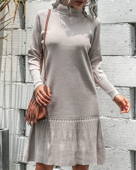 High-collared Ruffled Knit Pleated Sweater Mini Dresses