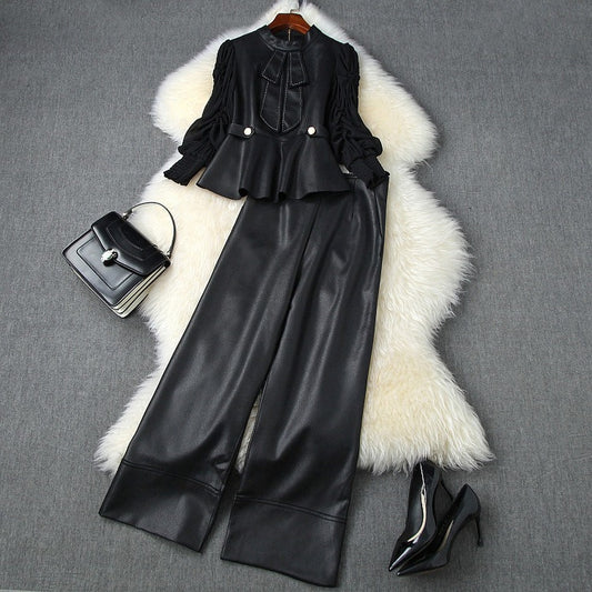 Pearl Suede Splicing Net Yarn Ruffled Sleeves Tops Wide Leg Pants Two-piece Set