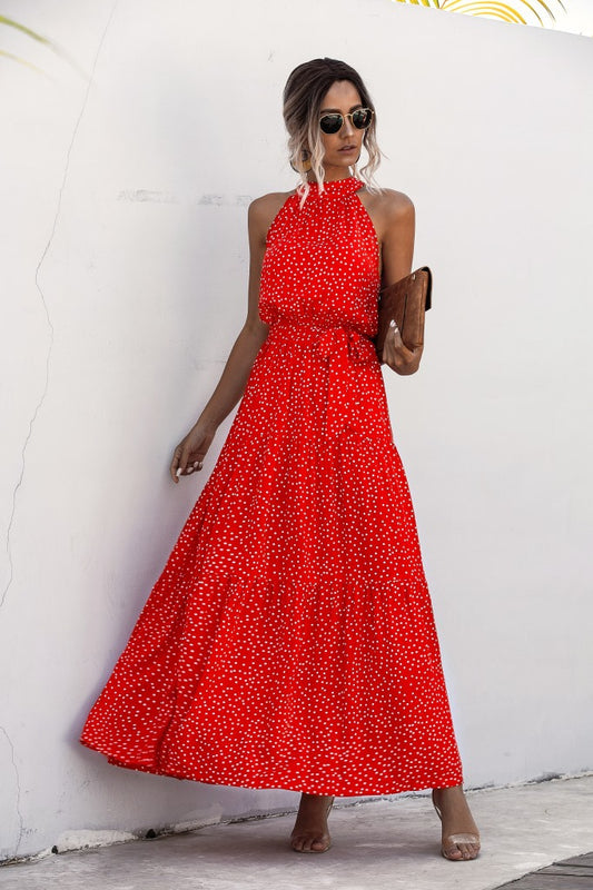 Orange Wave Bohemian Boho Printed Hanging Neck Straps Maxi Dresses
